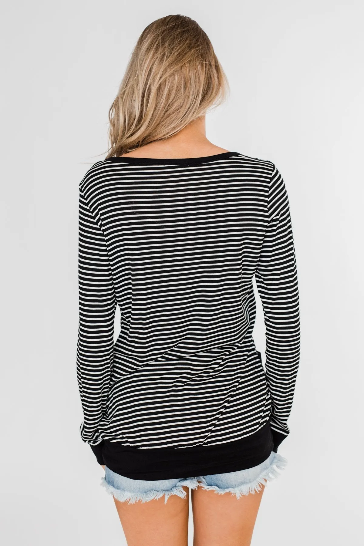 So Much In Common Striped Pocket Top- Black