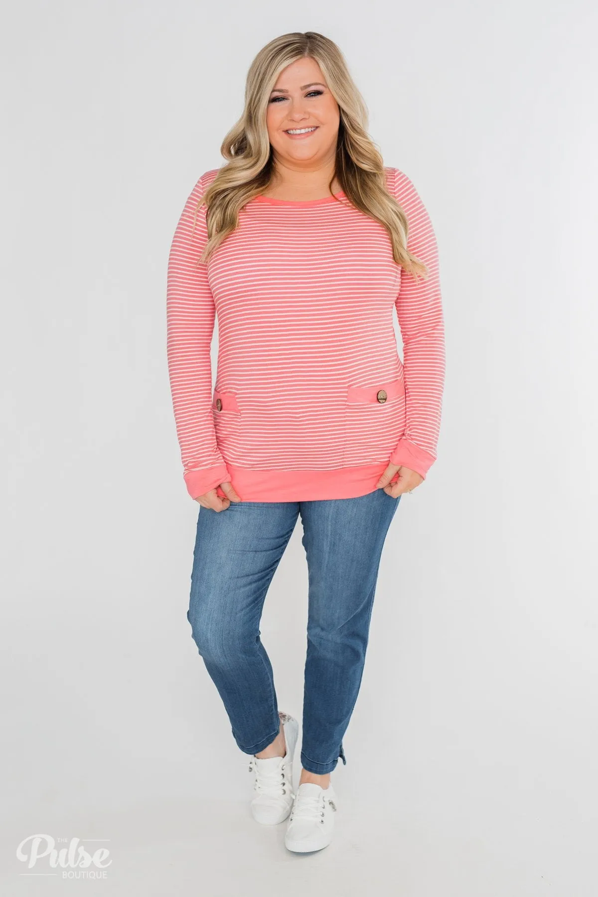 So Much In Common Striped Pocket Top- Pink