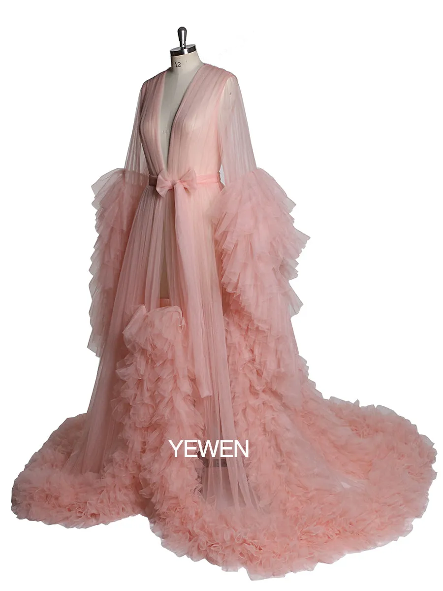 Soft Tulle Ruffles Sexy Long Sleeve Slit Pleated Maternity Dress For Photoshoot