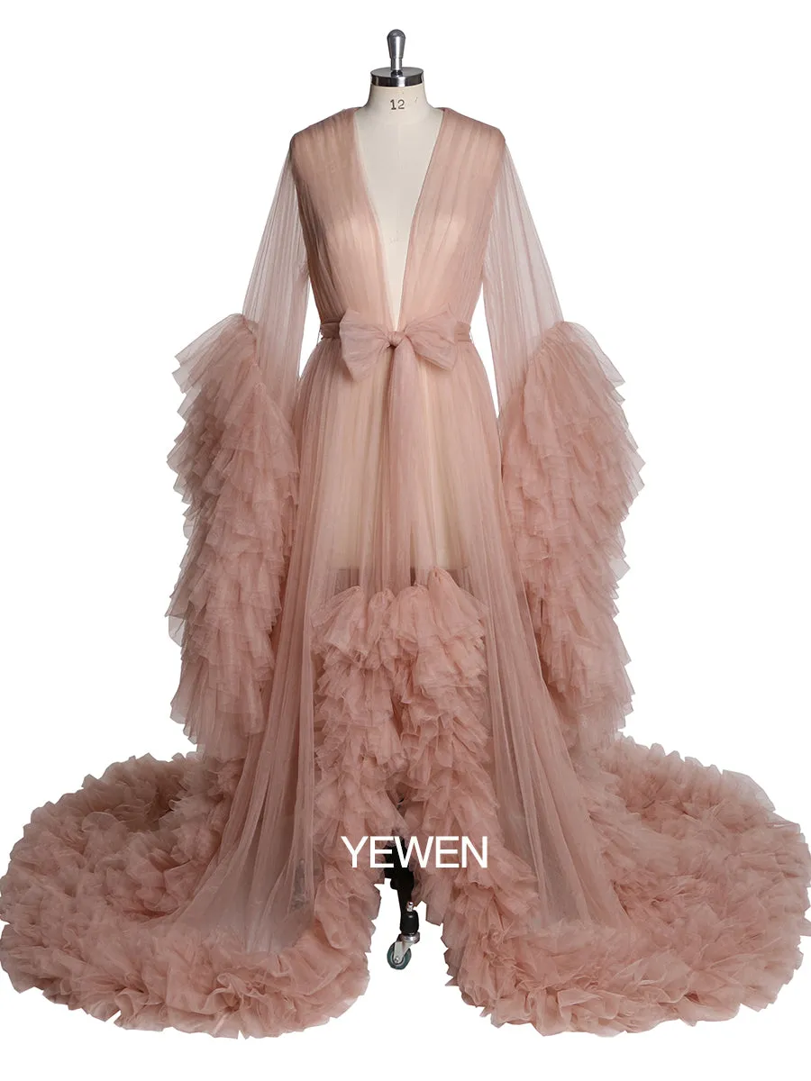 Soft Tulle Ruffles Sexy Long Sleeve Slit Pleated Maternity Dress For Photoshoot