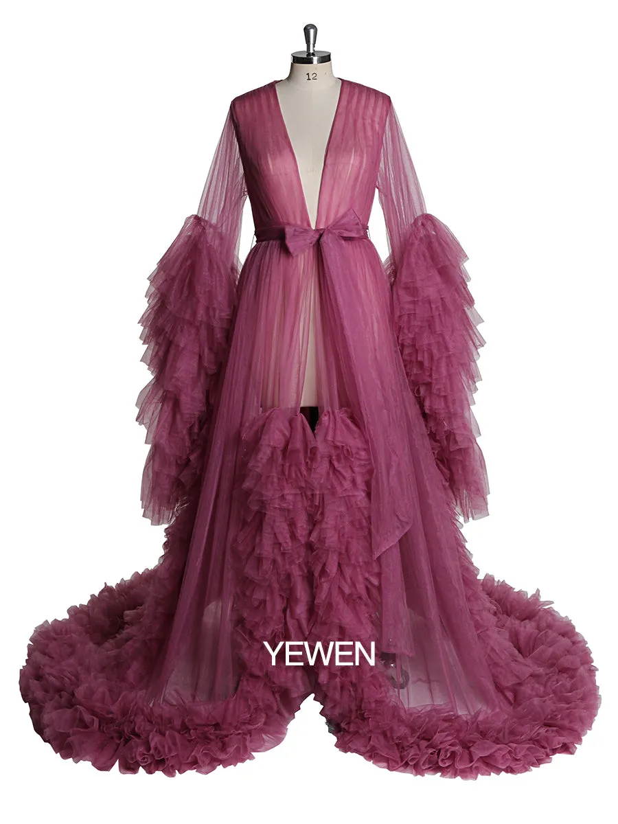 Soft Tulle Ruffles Sexy Long Sleeve Slit Pleated Maternity Dress For Photoshoot