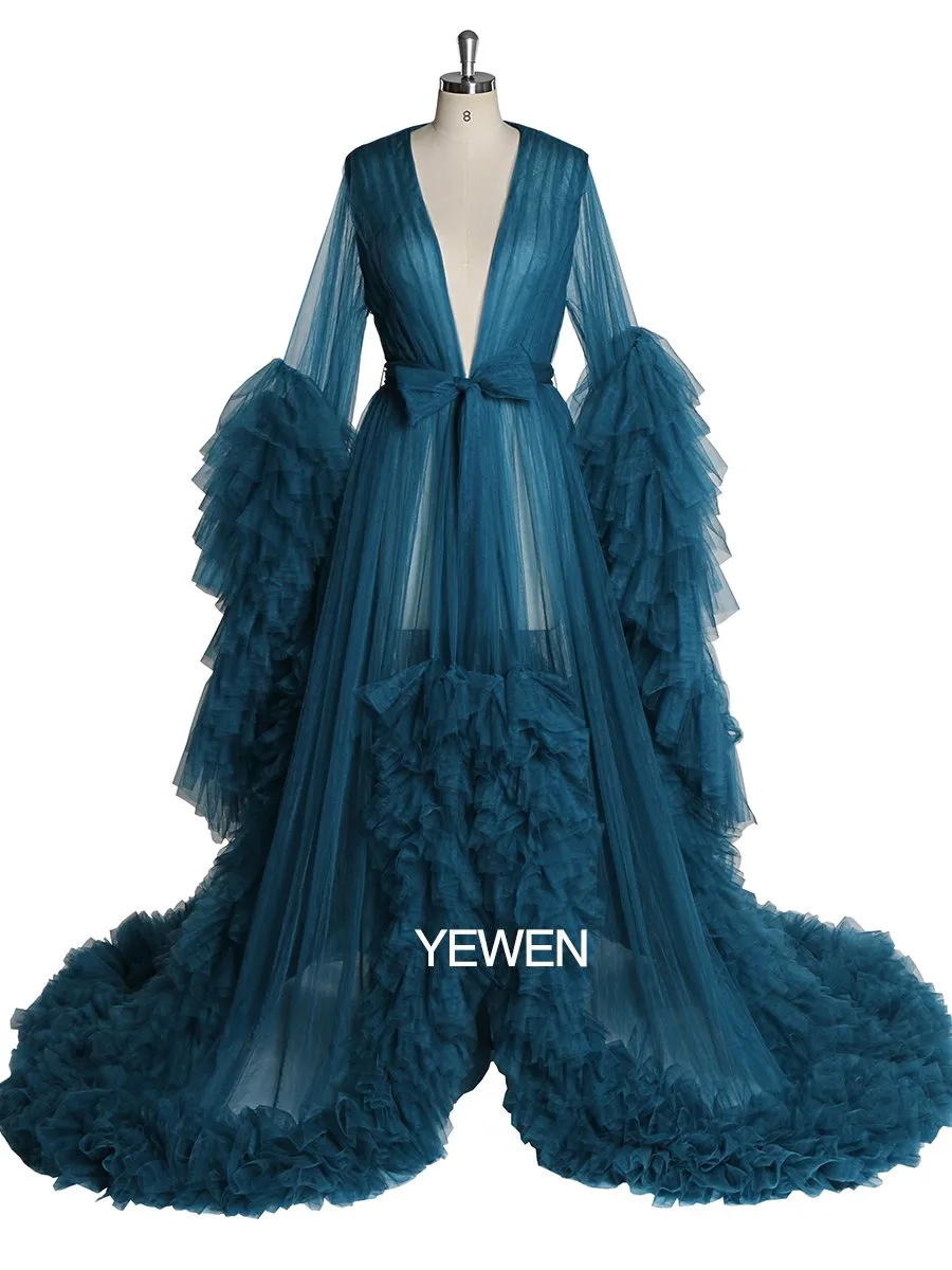 Soft Tulle Ruffles Sexy Long Sleeve Slit Pleated Maternity Dress For Photoshoot