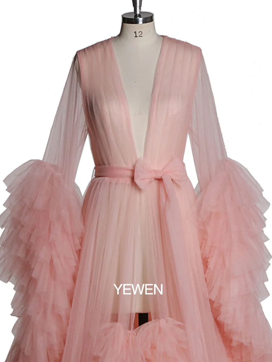 Soft Tulle Ruffles Sexy Long Sleeve Slit Pleated Maternity Dress For Photoshoot