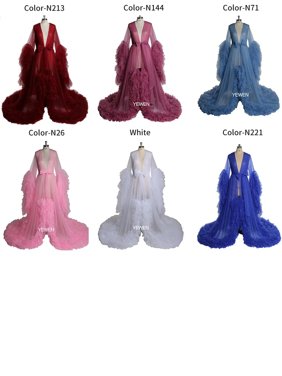 Soft Tulle Ruffles Sexy Long Sleeve Slit Pleated Maternity Dress For Photoshoot