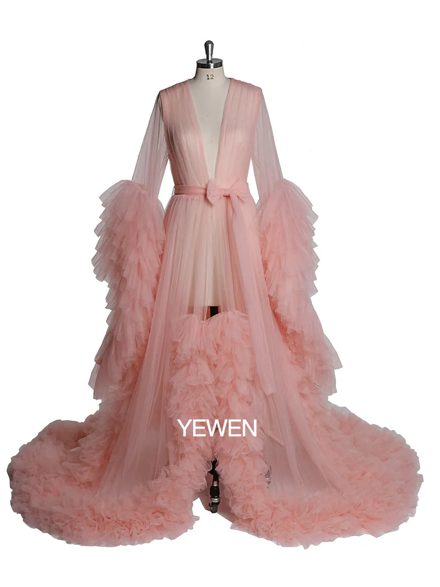 Soft Tulle Ruffles Sexy Long Sleeve Slit Pleated Maternity Dress For Photoshoot