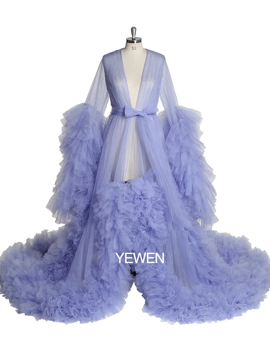 Soft Tulle Ruffles Sexy Long Sleeve Slit Pleated Maternity Dress For Photoshoot