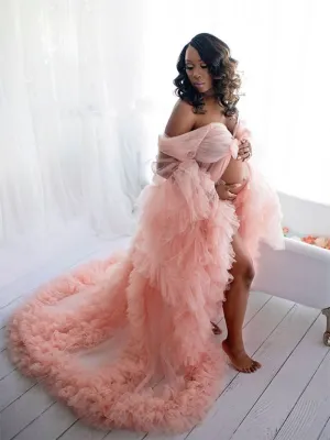 Soft Tulle Ruffles Sexy Long Sleeve Slit Pleated Maternity Dress For Photoshoot