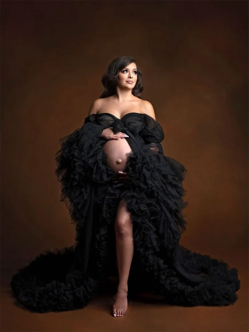 Soft Tulle Ruffles Sexy Long Sleeve Slit Pleated Maternity Dress For Photoshoot