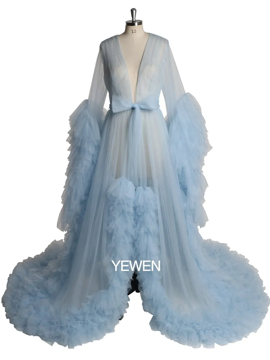Soft Tulle Ruffles Sexy Long Sleeve Slit Pleated Maternity Dress For Photoshoot