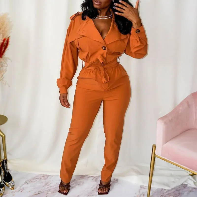 Solid V-Neck Long Sleeve Belted  Top & Pants Set