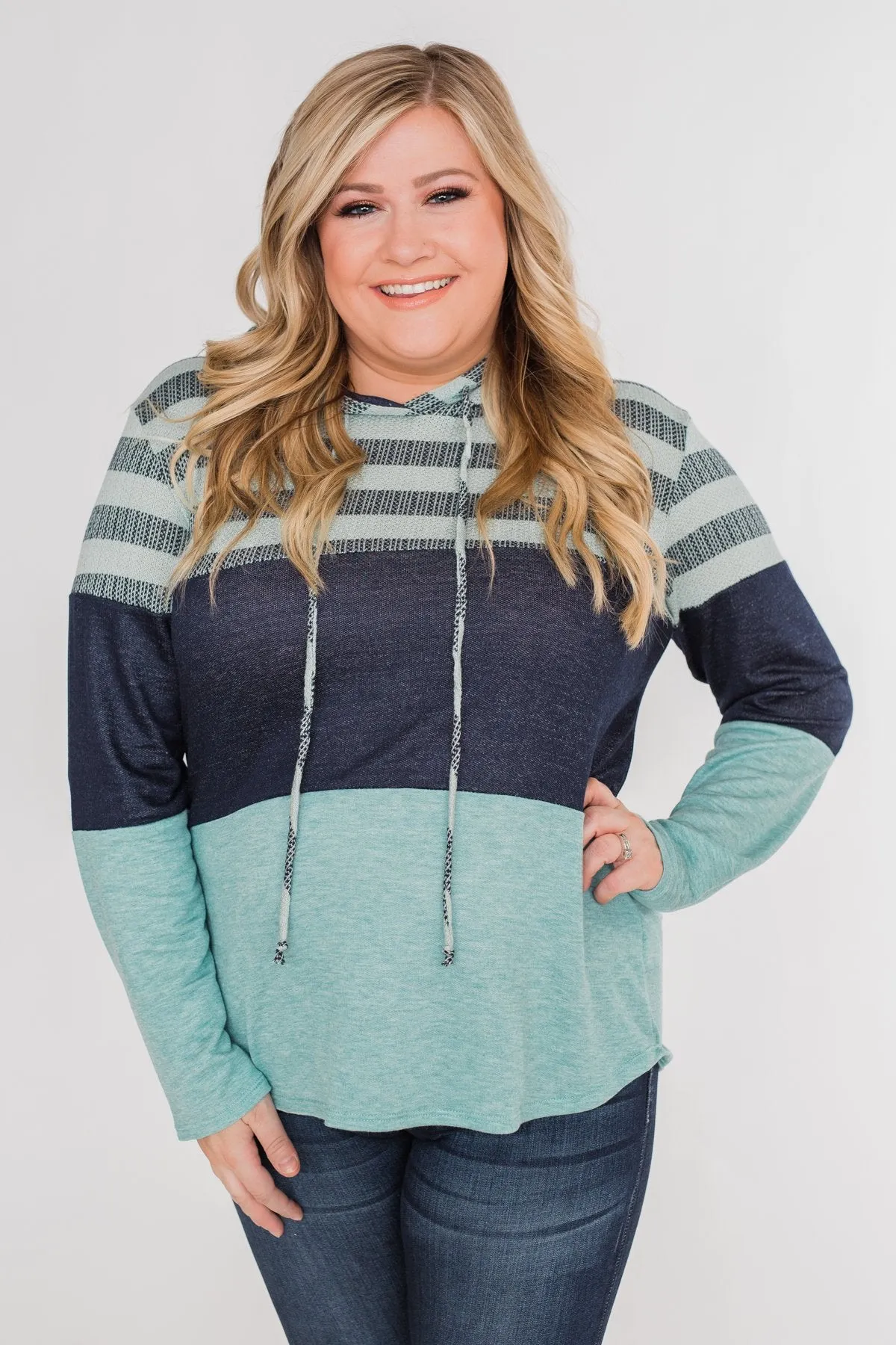 Speak to Me Color Block Drawstring Hoodie- Mint Blue