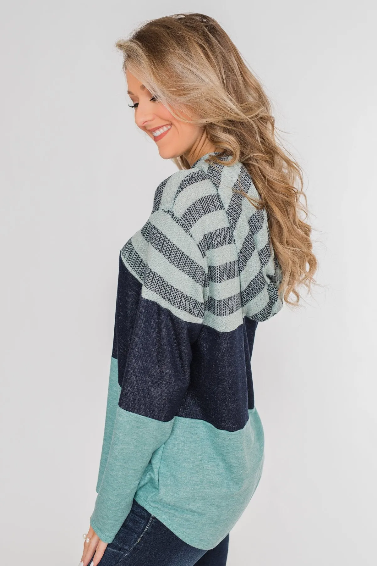 Speak to Me Color Block Drawstring Hoodie- Mint Blue
