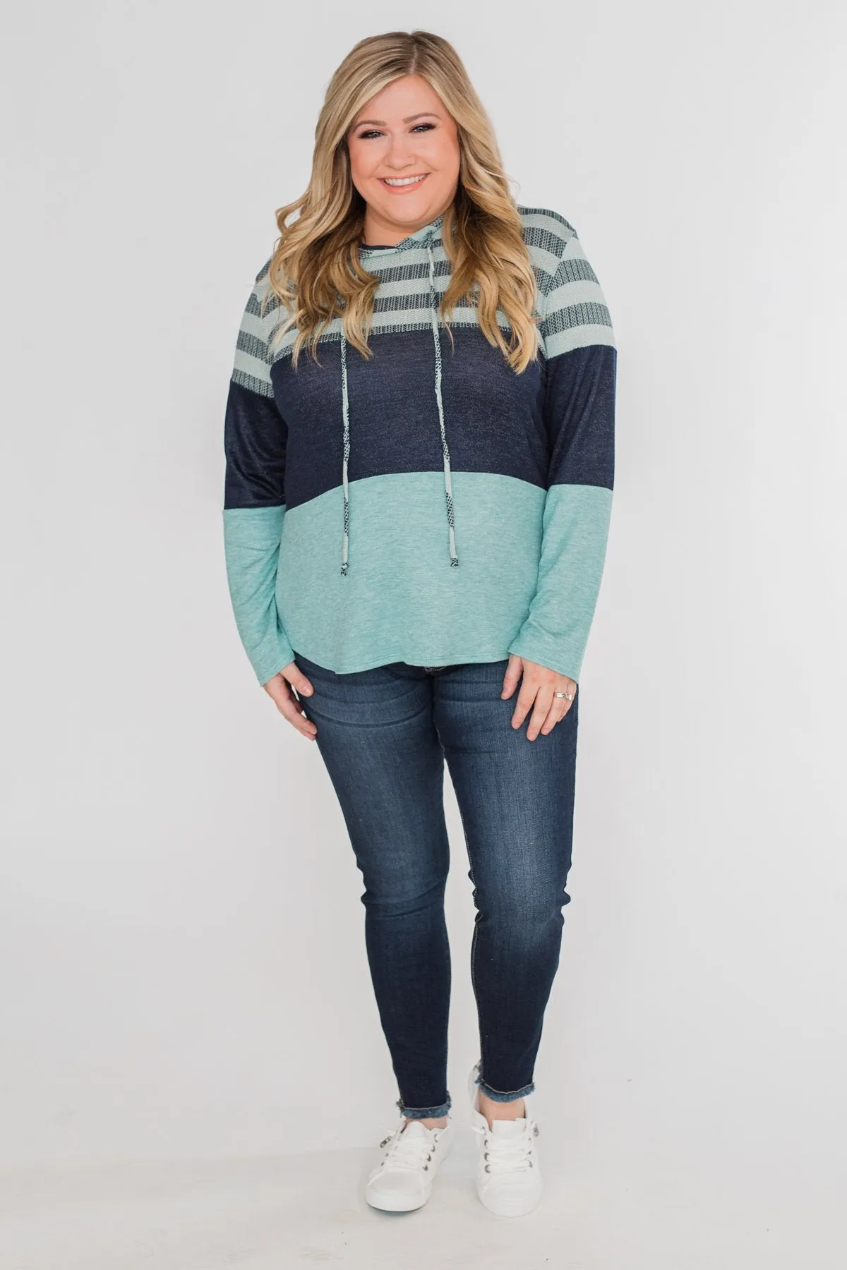 Speak to Me Color Block Drawstring Hoodie- Mint Blue