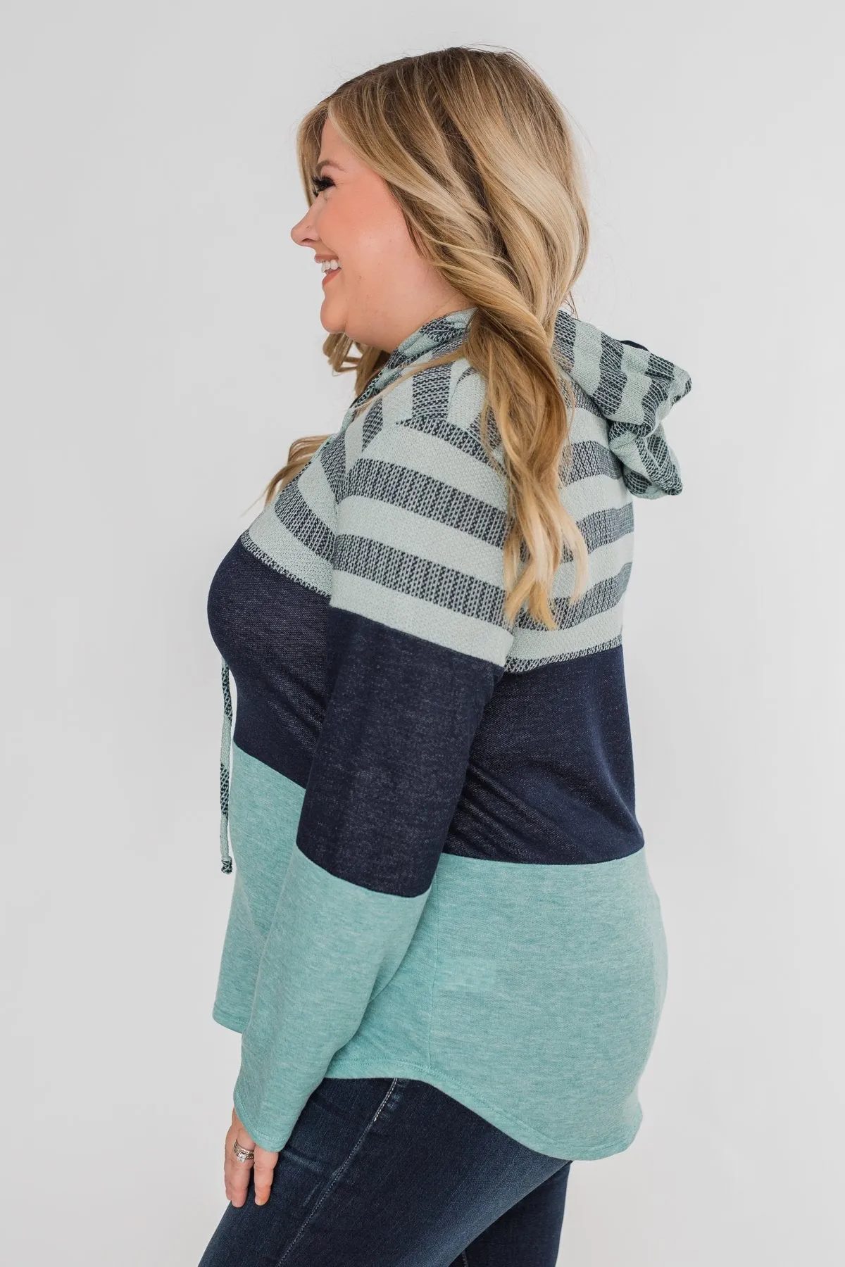 Speak to Me Color Block Drawstring Hoodie- Mint Blue