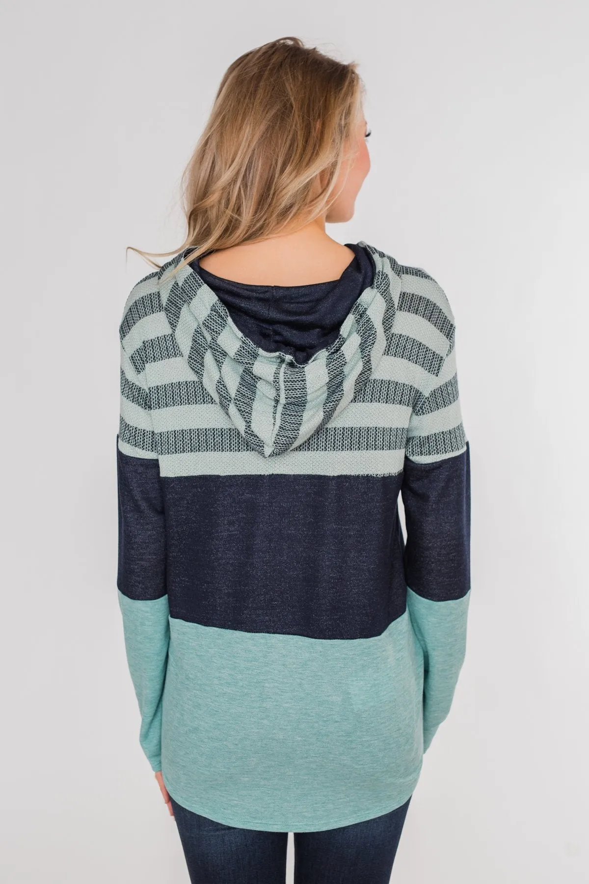 Speak to Me Color Block Drawstring Hoodie- Mint Blue