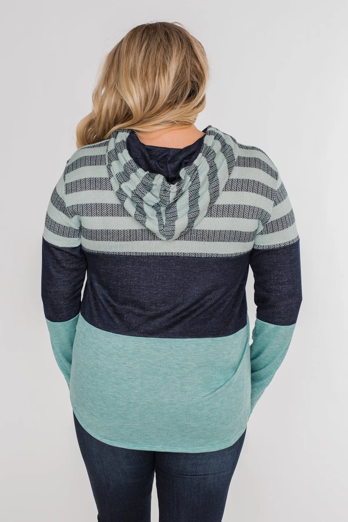 Speak to Me Color Block Drawstring Hoodie- Mint Blue