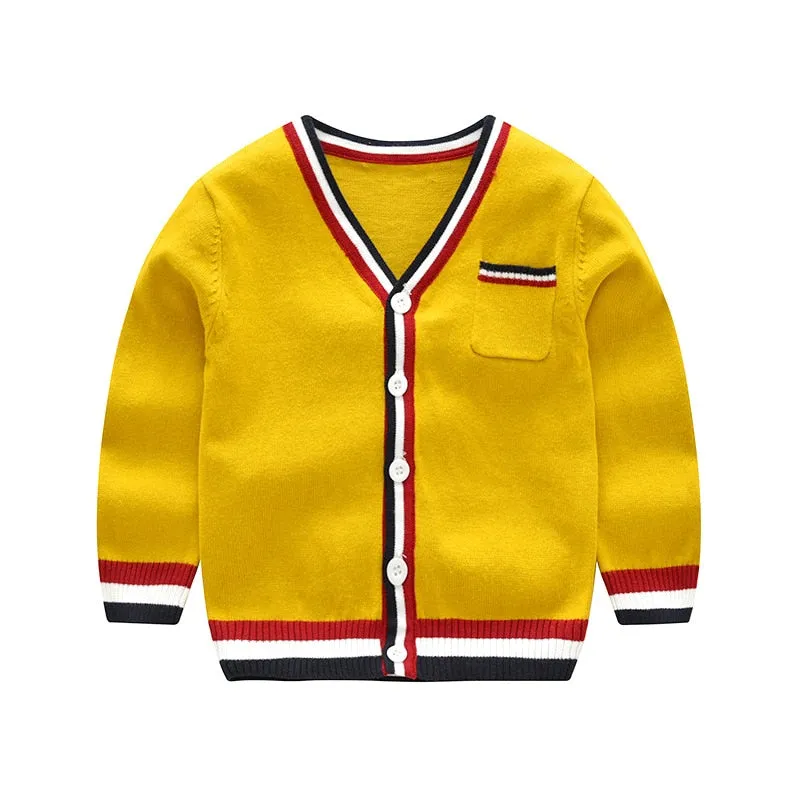Spring Boys Single Breasted V-Neck Knitted Cardigan - Yellow, Red, Army Green, Blue