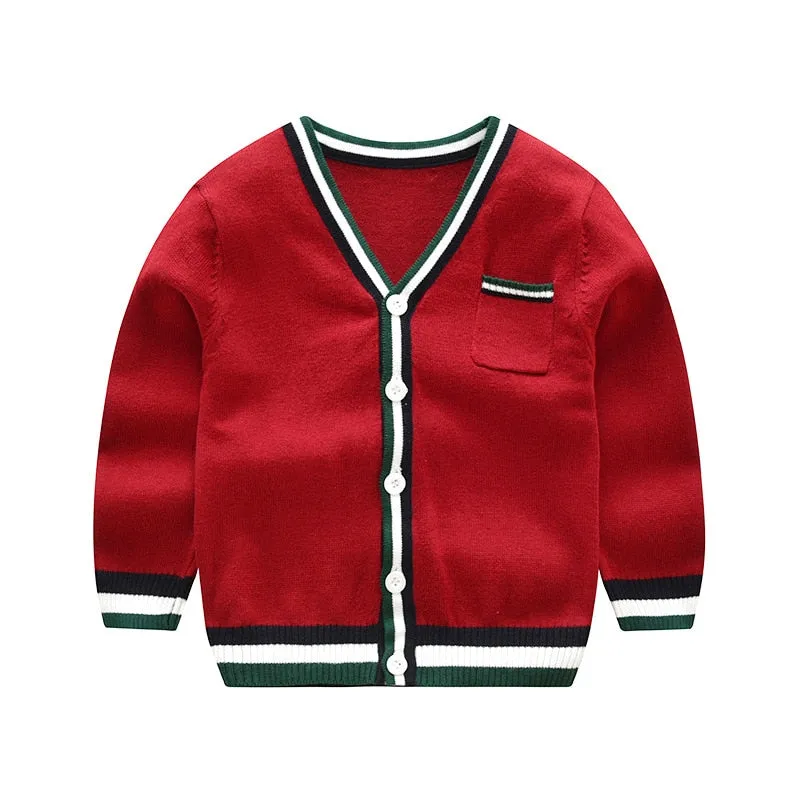 Spring Boys Single Breasted V-Neck Knitted Cardigan - Yellow, Red, Army Green, Blue