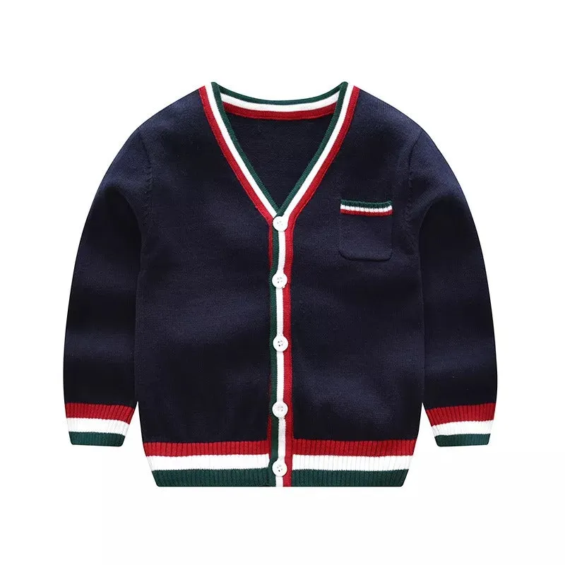 Spring Boys Single Breasted V-Neck Knitted Cardigan - Yellow, Red, Army Green, Blue