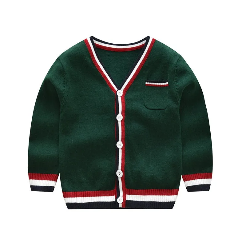 Spring Boys Single Breasted V-Neck Knitted Cardigan - Yellow, Red, Army Green, Blue