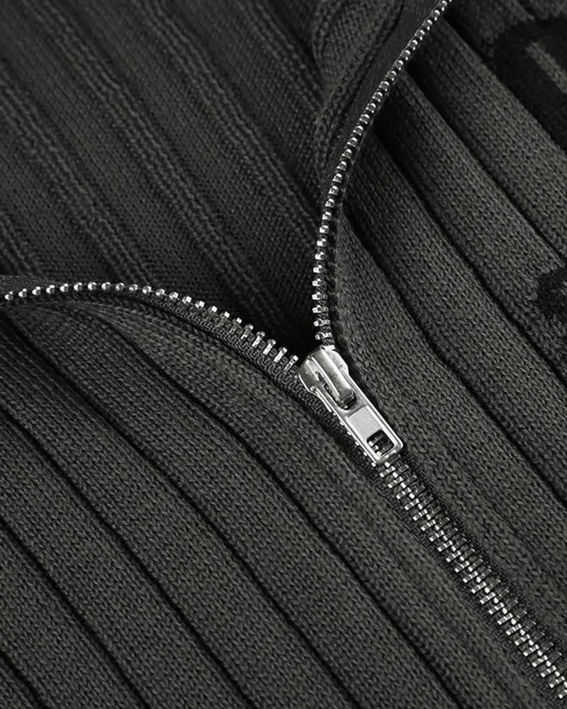 Stand Collar Letter Print Zipper Cardigan