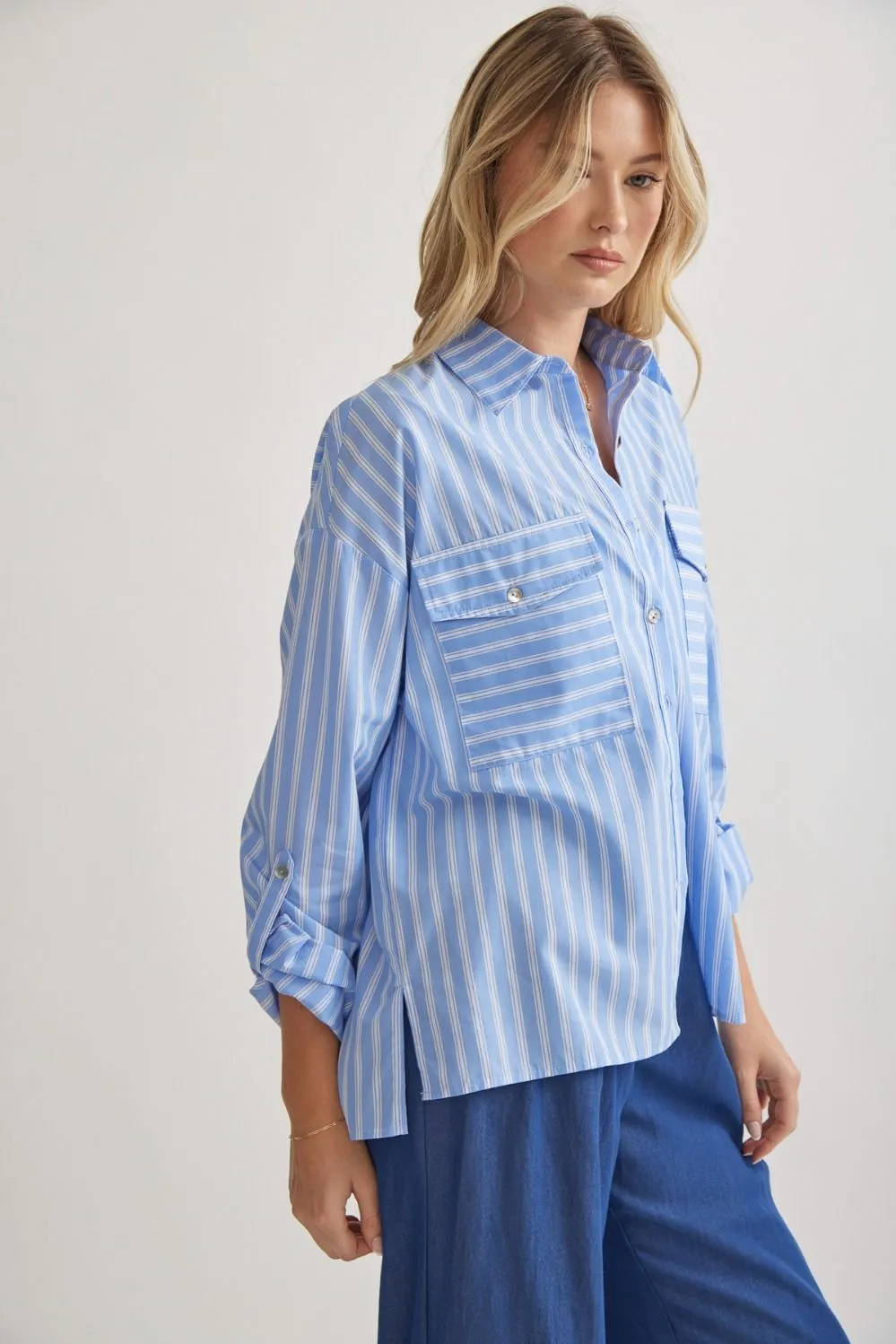 Striped Button Up Top {Blue}