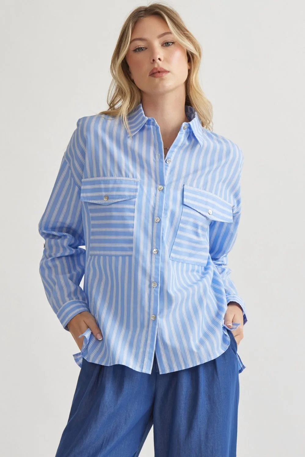 Striped Button Up Top {Blue}