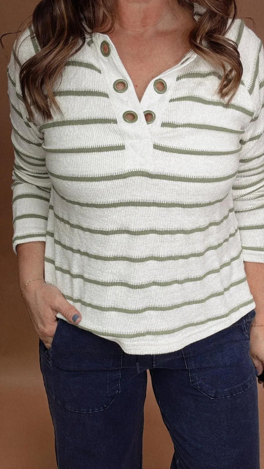 Striped Olive Eyelet Top