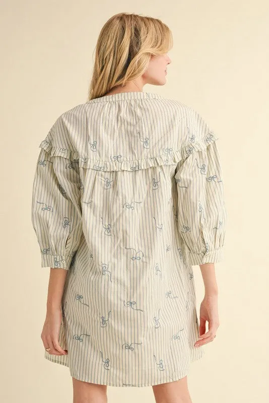 Striped Ribbon Embroidered Dress with Pockets