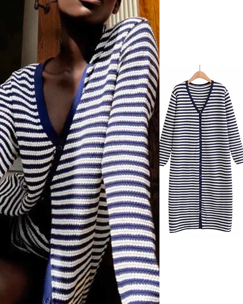 Striped Single-breasted Long Knit Cardigan Jacket