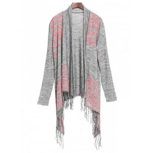 Stylish Collarless Long Sleeve Fringed Asymmetrical Women's Cardigan - Gray S