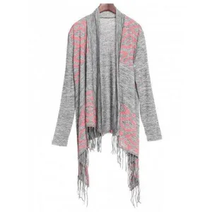 Stylish Collarless Long Sleeve Fringed Asymmetrical Women's Cardigan - Gray S
