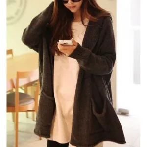 Stylish Hooded Long Sleeve Solid Color Pocket Design Knitted Women's Cardigan - Deep Gray One Size
