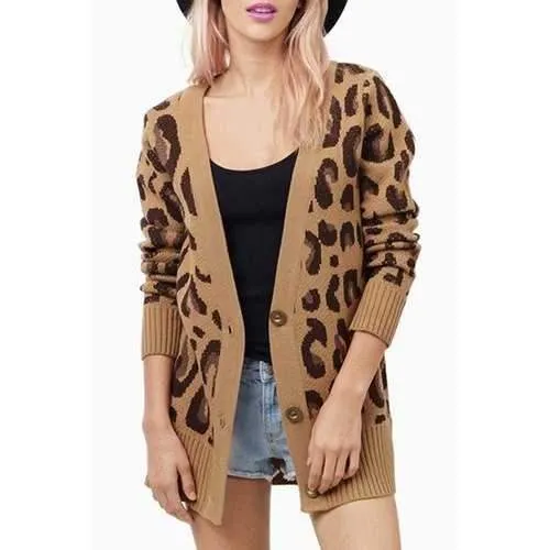 Stylish Plunging Neck Leopard Long Sleeve Cardigan For Women - Leopard Xl