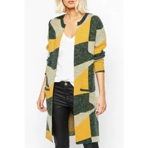 Stylish Round Neck Long Sleeve Geometric Pocket Design Women's Cardigan - One Size(fit Size Xs To M)