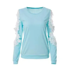 Stylish Scoop Neck Long Sleeve Cut Out Crochet Knitwear For Women - Light Blue Xl