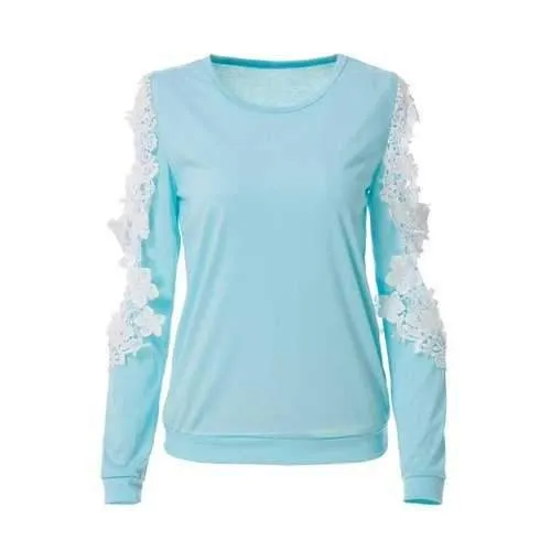 Stylish Scoop Neck Long Sleeve Cut Out Crochet Knitwear For Women - Light Blue Xl