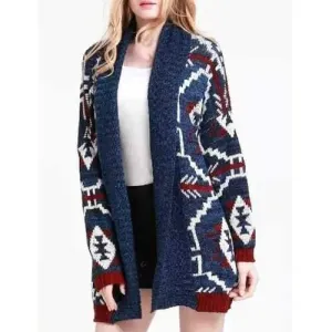 Stylish Turn Down Collar Long Sleeve Tribal Print Women's Cardigan - One Size(fit Size Xs To M)