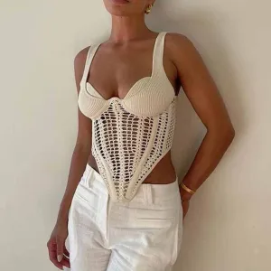 Sweetheart Neck Suspender Strap Crochet Knit Corset Crop Top