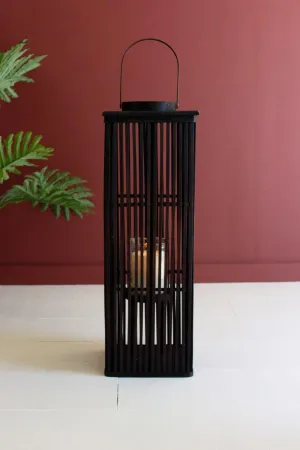 Tall Brown Rectangle Bamboo Lantern with Glass Insert  / Large