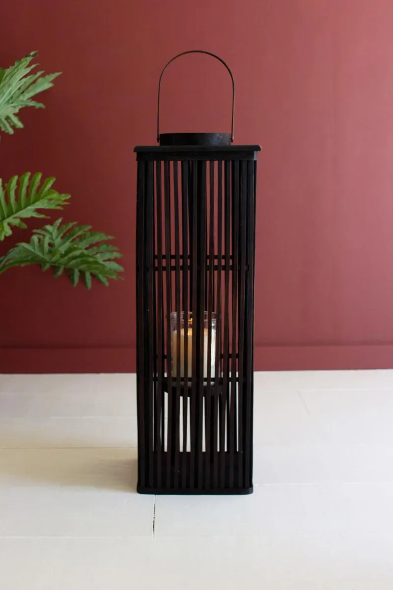 Tall Brown Rectangle Bamboo Lantern with Glass Insert  / Large