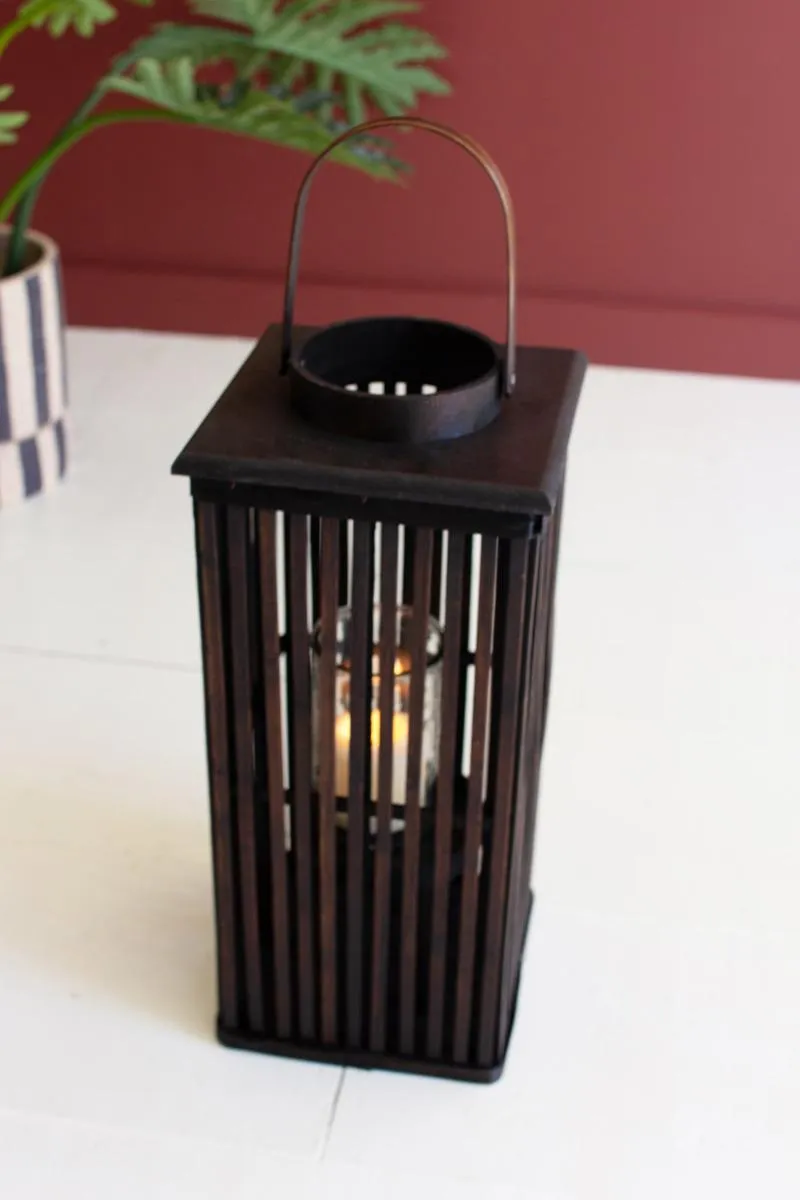 Tall Brown Rectangle Bamboo Lantern with Glass Insert  / Small