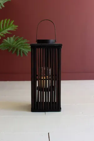Tall Brown Rectangle Bamboo Lantern with Glass Insert  / Small