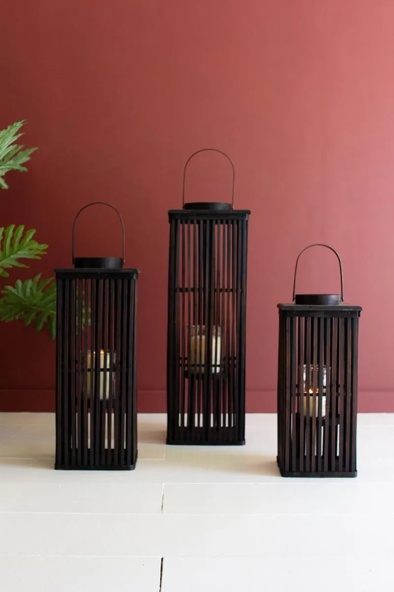 Tall Brown Rectangle Bamboo Lantern with Glass Insert  / Small