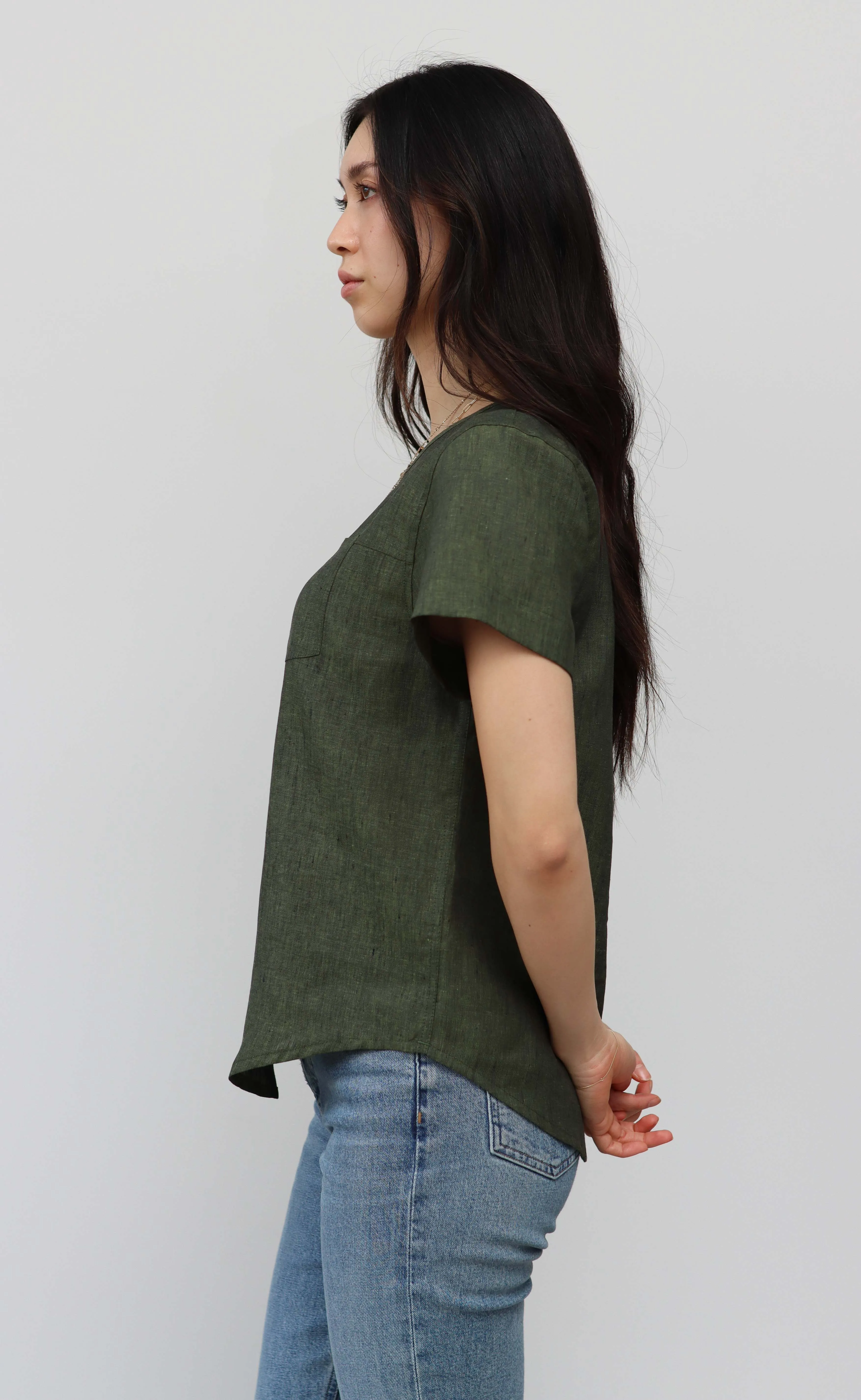 The Friend - Woven Tee - Dark Moss 100% Linen