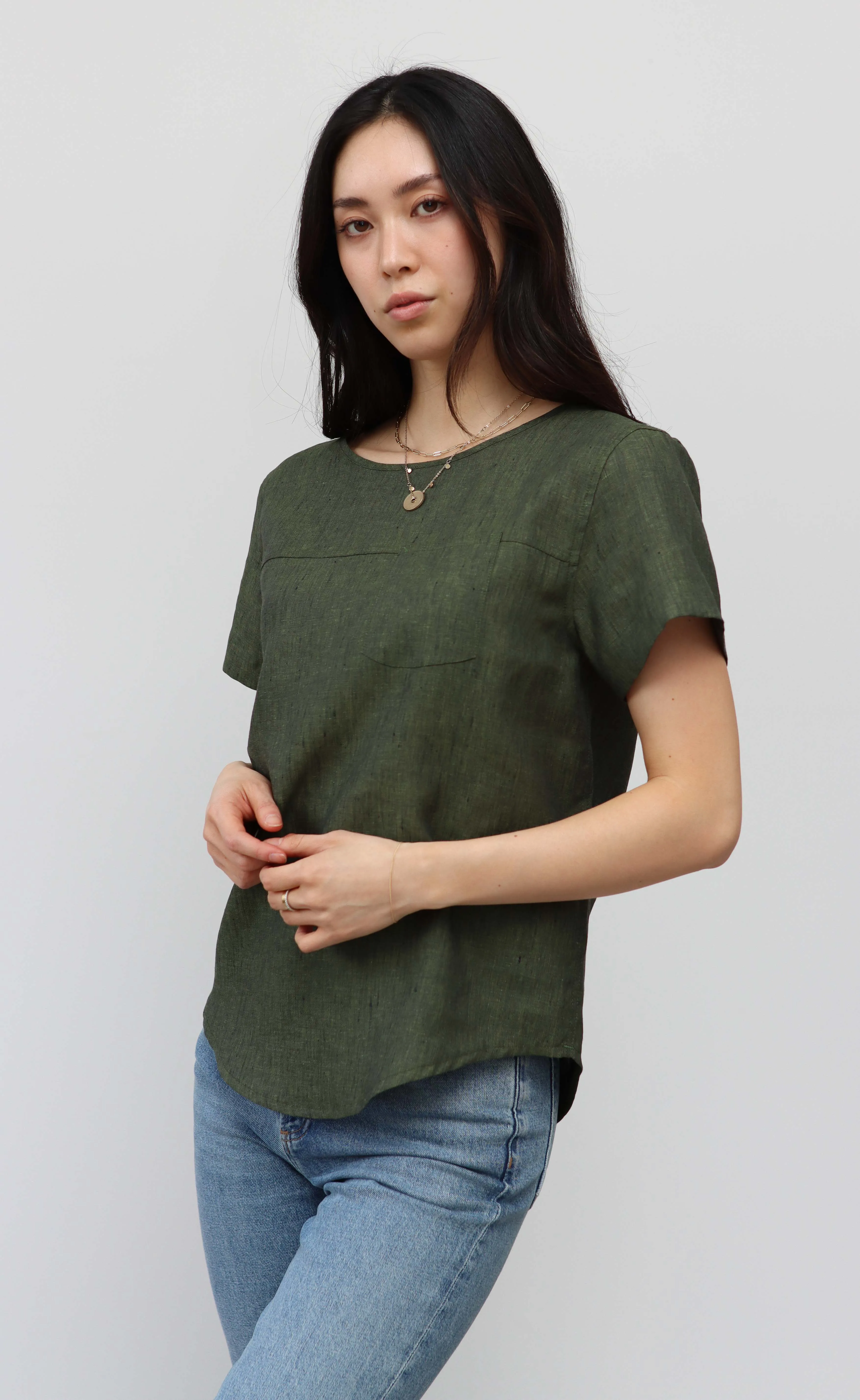The Friend - Woven Tee - Dark Moss 100% Linen