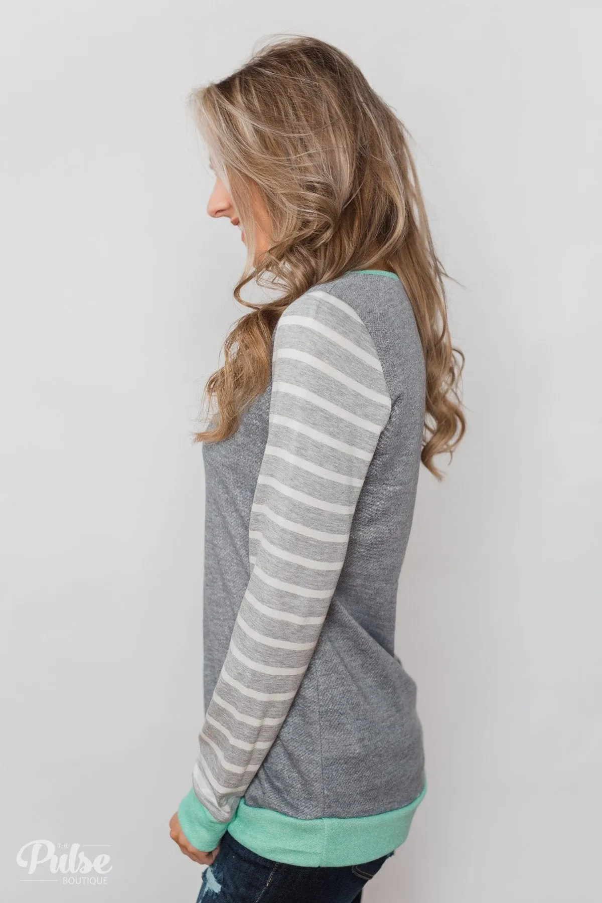 The Right Steps Striped Sleeve Top- Grey & Mint
