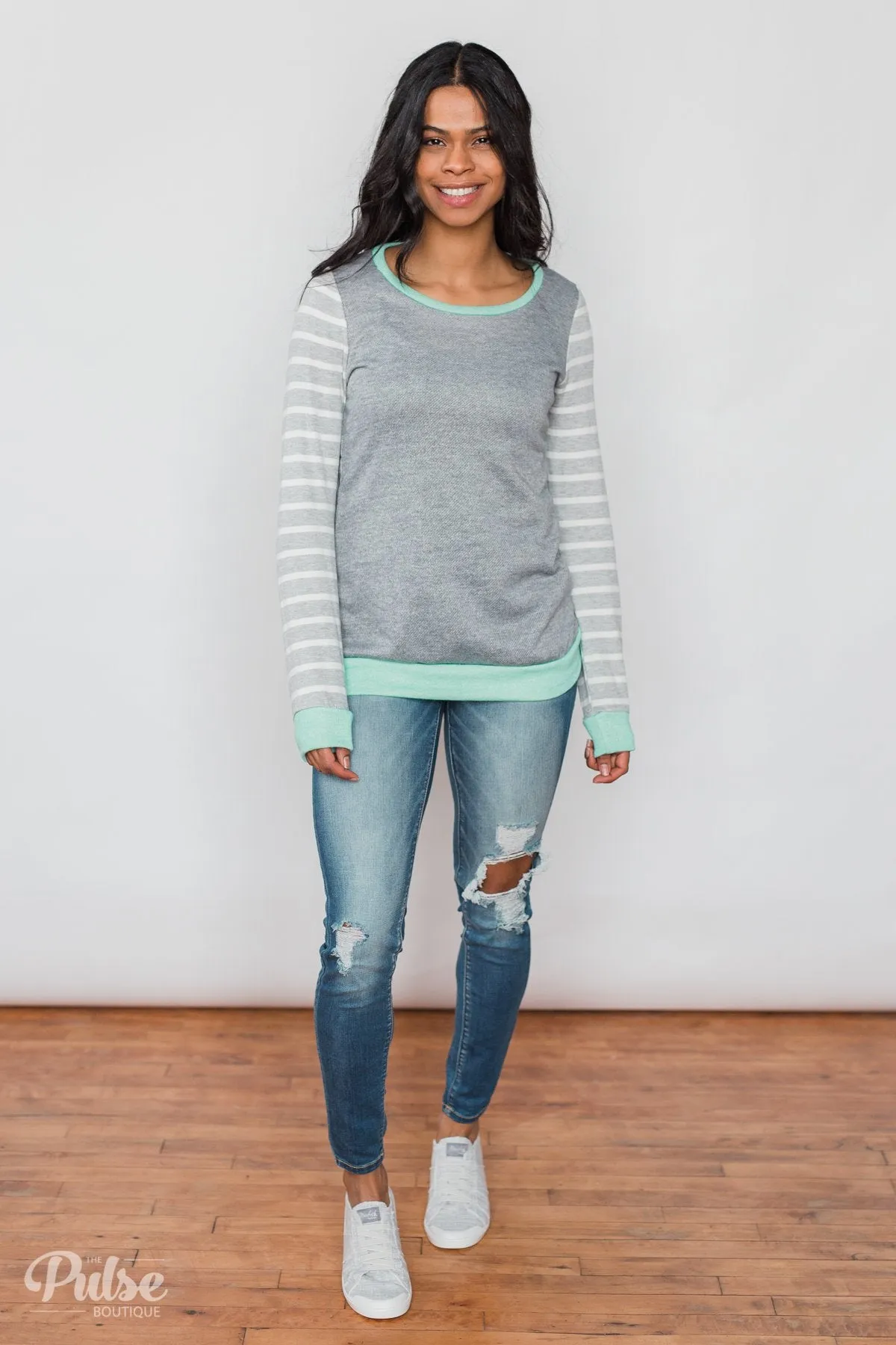 The Right Steps Striped Sleeve Top- Grey & Mint