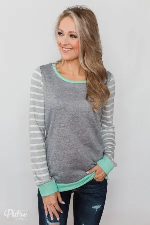 The Right Steps Striped Sleeve Top- Grey & Mint