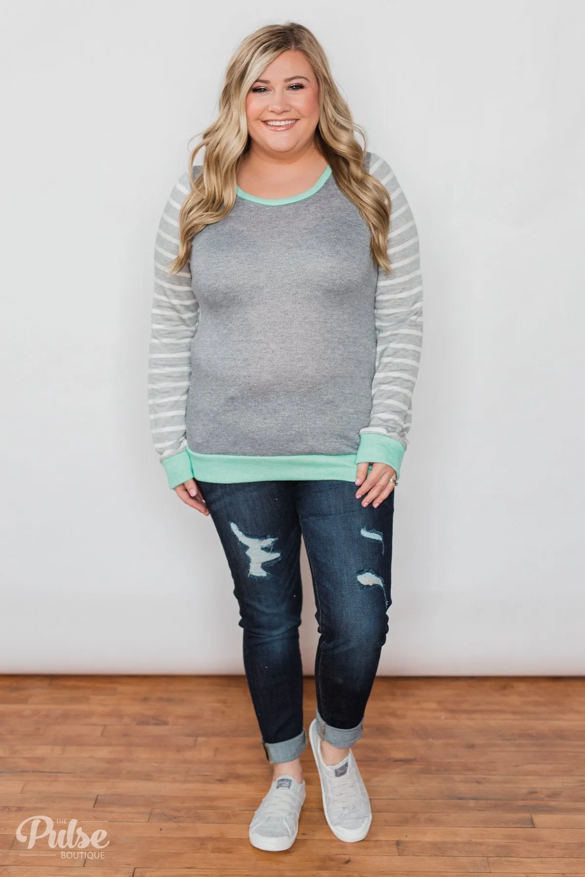 The Right Steps Striped Sleeve Top- Grey & Mint